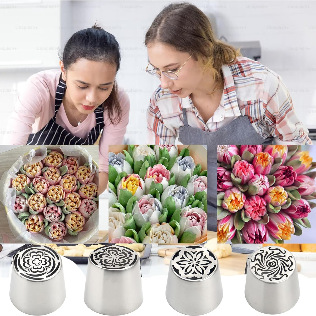 4pcs Russian Piping Tips Set Extra Large Stainless Steel Flower Icing Nozzles One Step Peony Carnation Dahlia Rose Tips for Cake Decorating ButtercreamCupcake Baking Supplies for Beginners1