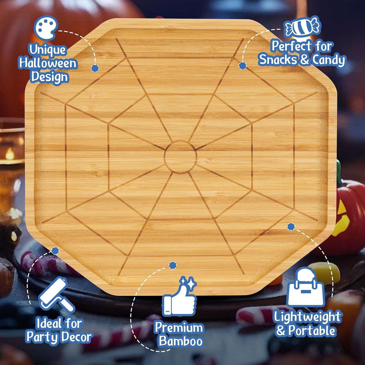 TJ POP Bamboo Serving Tray - Octagon Spider Web Design Snack Dessert Platter for Candy, Cheese, Natural Wood Appetizer Tray Charcuterie Board for Party, Home Decor &amp; Food Display (10” x 9”)