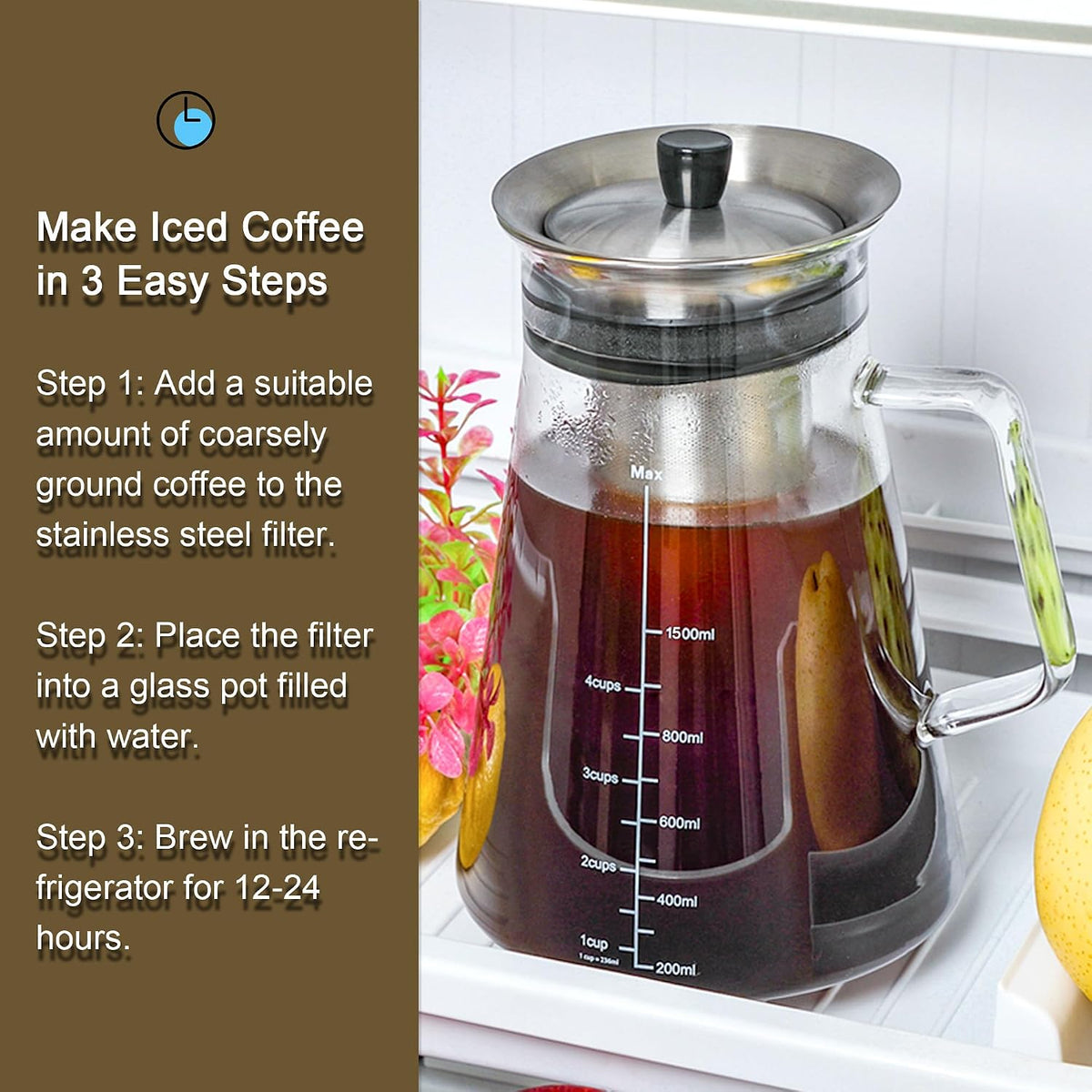 Aquach 51oz Cold Brew Maker, Borosilicate Glass Iced Coffee Tea Pitcher | Dishwasher Safe, Up to 2 Weeks Freshness, Tapered Stability, Refrigerator Fit, 304 Stainless Filter