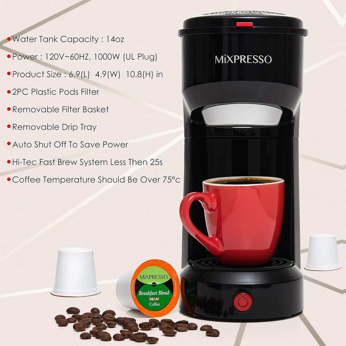 Mixpresso Single Serve Coffee Maker K Cup Coffee Maker for K Pods &amp; Grounds | Compact 800W White Coffee Machine with 14 Oz Water Tank, Fast Brew &amp; Auto Shut-Off, Small Design for Travel RV, Office&amp; Dorm