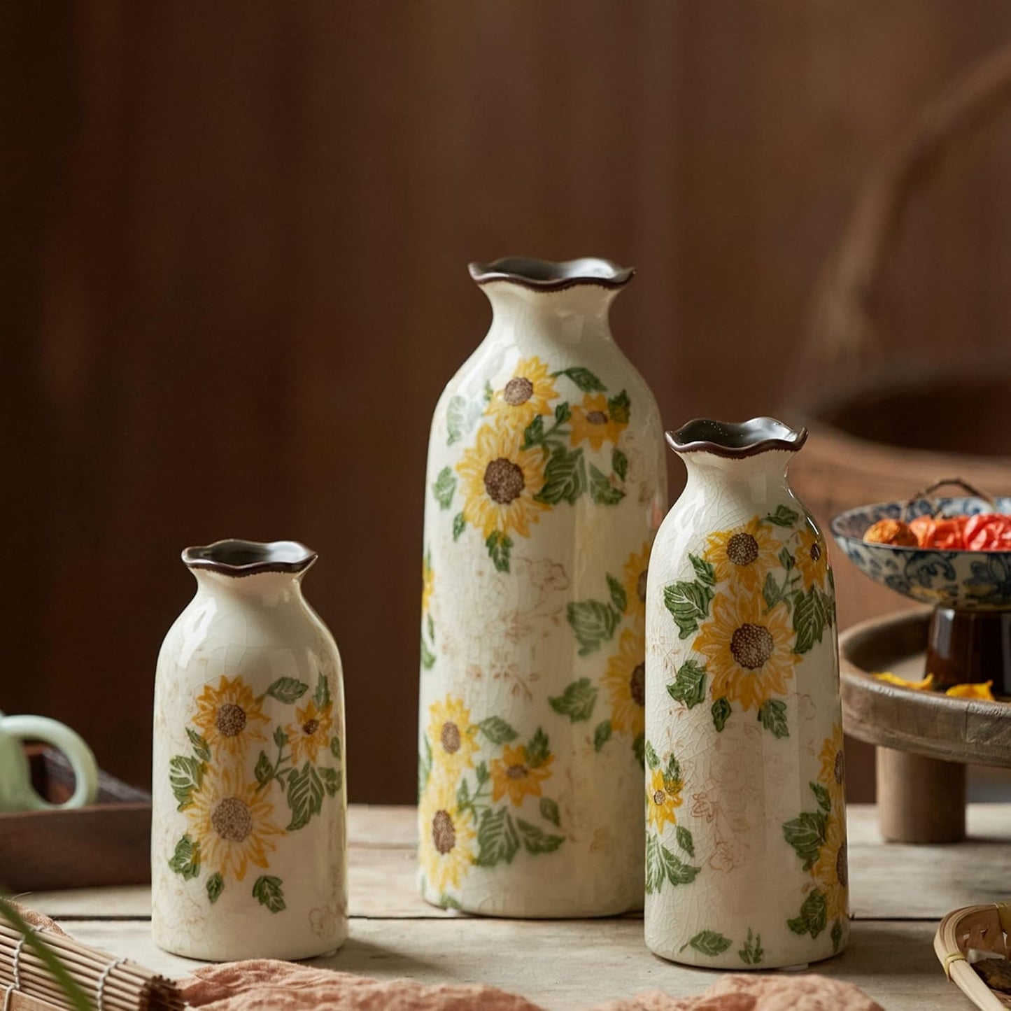 Levvohd Autumn Vintage Ceramic Vase Set of 3 for Decor Home | Rustic Farmhouse Vase Your Kitchen Bedroom Living Room Bathroom Shelf Centerpiece Table Decorations (H 9.5" + H7.7" + H5.9")