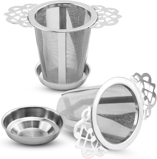 Stainless Steel Tea Infusers Set of 2 – Fine Mesh SUS 304 Loose Leaf Tea Filters with Flower Handles, Seamless One‑Piece Design, Easy‑Clean Brewing Baskets with Drip Trays for Cups, Mugs &amp; Teapots