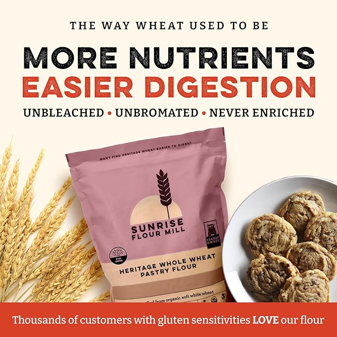 Sunrise Flour Mill USDA Organic Heritage Whole Wheat Pastry Flour - 5 lbs | Milled from White Sonora | Easier to Digest with Less Bloating | No Bleaching or Bromating | Zero Additives