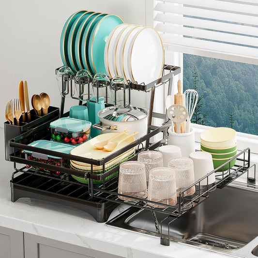 2 Tier Dish Drying Rack - Large Extendable Dish Rack, 2-in-1 Anti-Rust Stainless Steel Dishrack for Kitchen Counter and