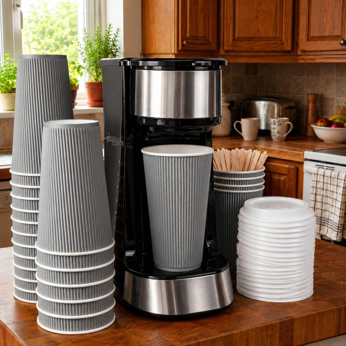 Restaurantware Ripple Wall Coffee Cups 500 Count 16 Ounce Insulated Gray Paper Cups, Rolled Rim Spill-Resistant Disposable Paper Non-Slip for Coffee, Beverages