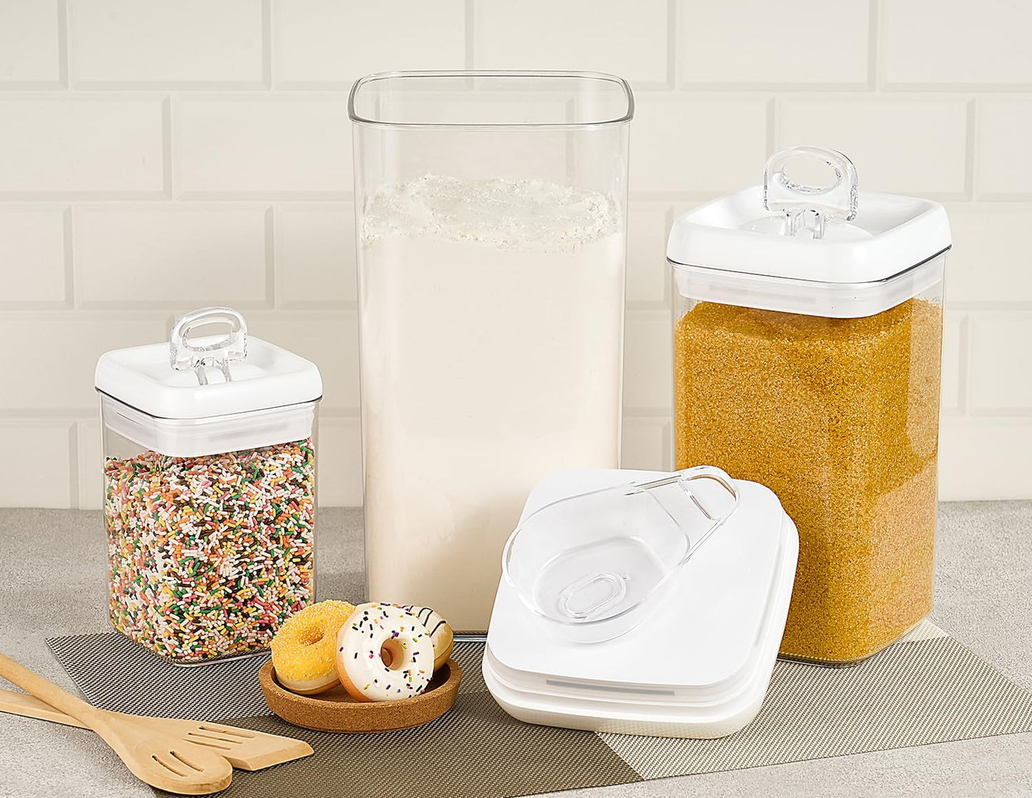 Felli Flip Tite Acrylic Food Storage Container with Lid 6” XL Air Tight Ring Seal Flip Top, Plastic Kitchen Baking Canister for 5 lb Flour Sugar Rice Protein Powder Pantry Organizer (Nest-M, White)