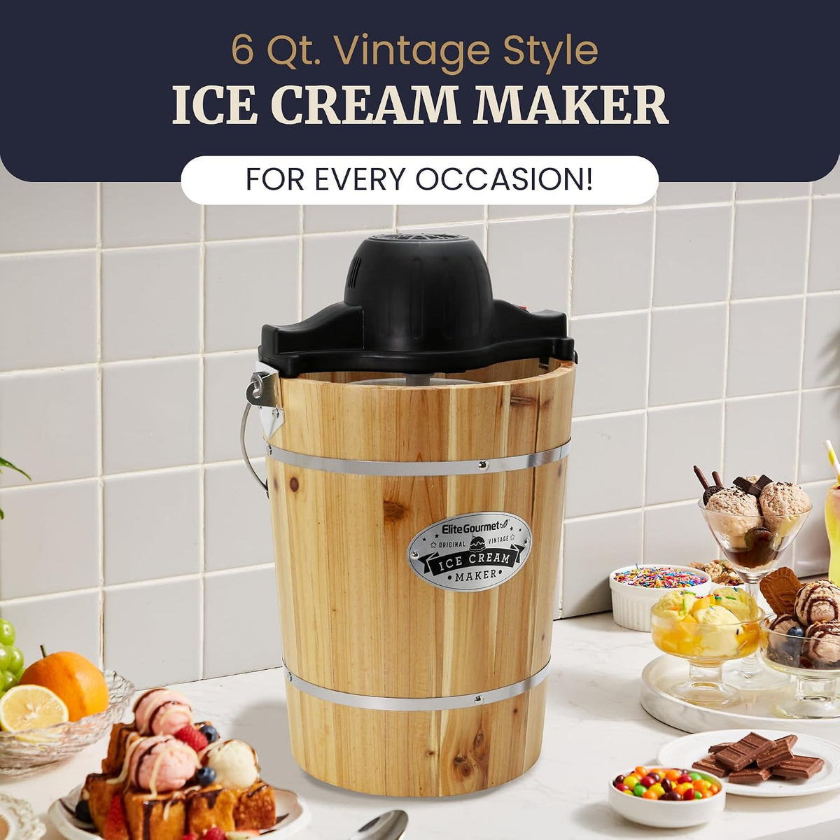 Elite Gourmet EIM916 Old Fashioned 6 Quart Vintage Wood Bucket Electric Ice Cream Maker Machine Appalachian, Bonus Classic Die-Cast Hand Crank for Churning, Uses Ice and Rock Salt