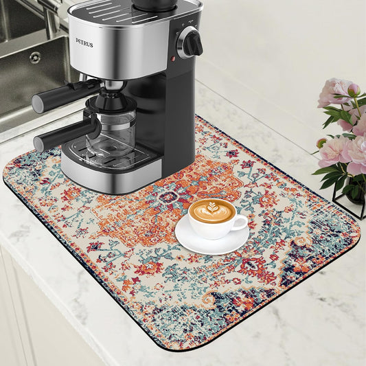 Persian Vintage Boho Carpet Coffee Mat Dish Drying Mat for Kitchen Counter Absorbent Hide Stain Rubber Backed Coffee Bar
