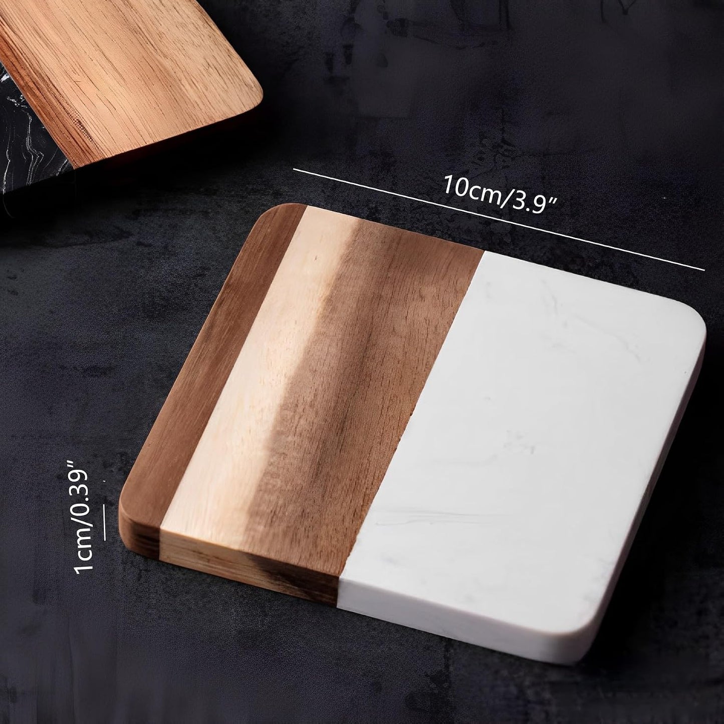 I-LAN 4-Piece Marble and Wood Coasters for Drinks, 4x4 Inch Square Modern White Marble and Natural Acacia Wood Coaster Set, Heat Resistant Table Protection for Coffee Table and Bar, White/Brown