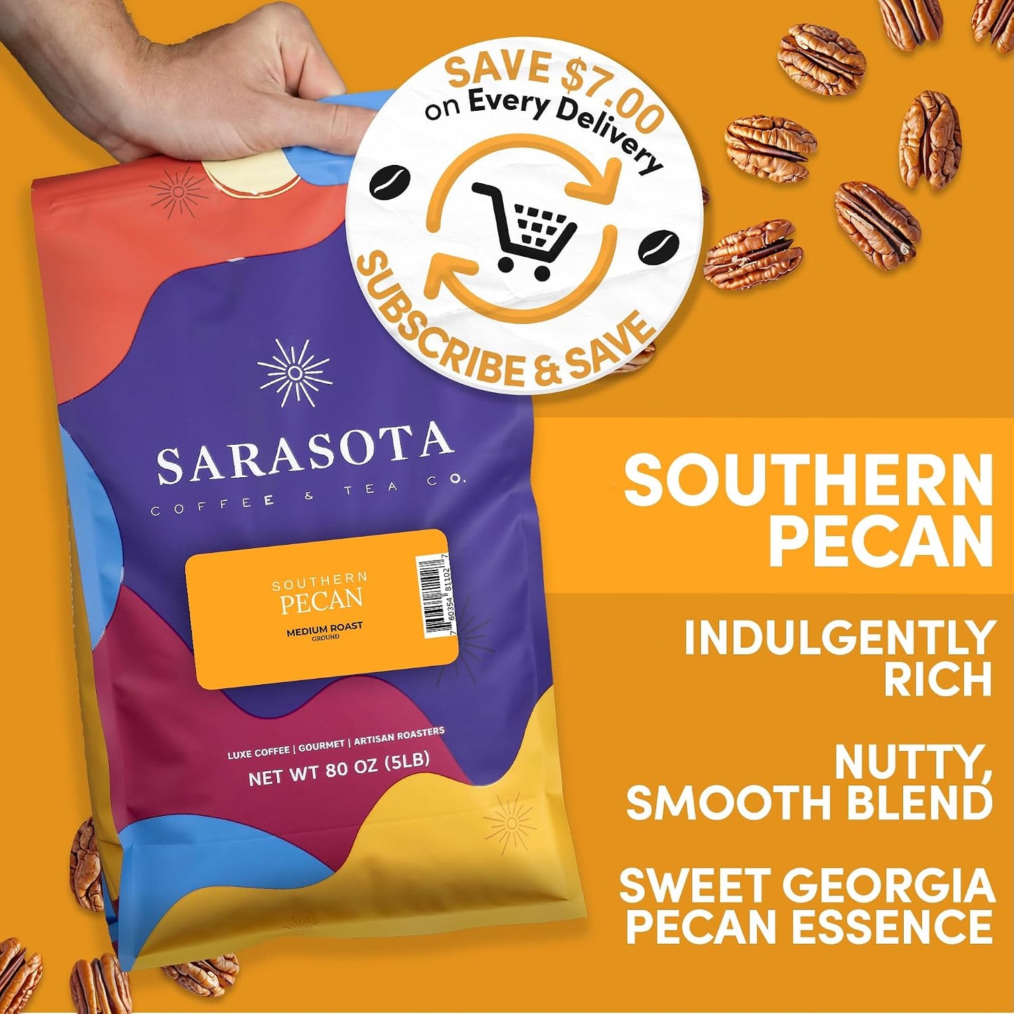 Sarasota Coffee Ground Southern Texas Butter Pecan | Medium Roast Gourmet Flavored Coffee Grounds | Low Acid, Mold Free, Specialty Grade Flavored Bulk Ground Coffee | 5lb (80 oz)
