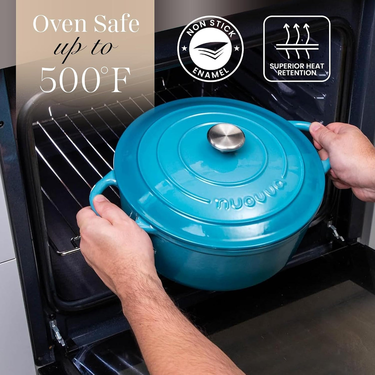 Cast Iron Pot with Lid – Non-Stick Ovenproof Enamelled Casserole Pot, Oven Safe up to 500° F – Sturdy Dutch Oven Cookware – Blue, 5-Quart, 24cm – by Nuovva