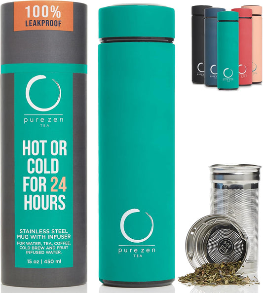 Pure Zen Tea Thermos with Infuser for Hot and Cold Infusions - Stainless Steel - Tea Infuser Bottle - Leakproof Travel Mug