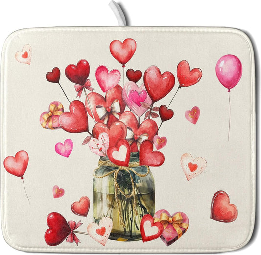 Valentine's Day Dish Drying Mat for Kitchen Counter,Red Love Canes Hearts Decorative Mason Jar Drying Mat 16 x 18 Inch with