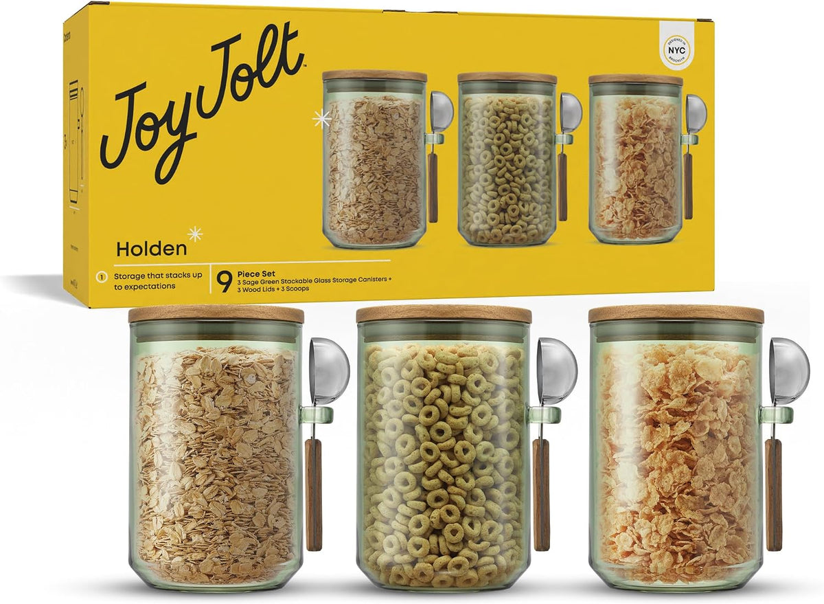JoyJolt Holden 32oz Stackable Glass Storage Containers with Lids and Scoops, Airtight Food Canister Set of 3 w/Acacia Wood Lids, Round Stacking Pantry and Kitchen Containers w/Scoop | Clear