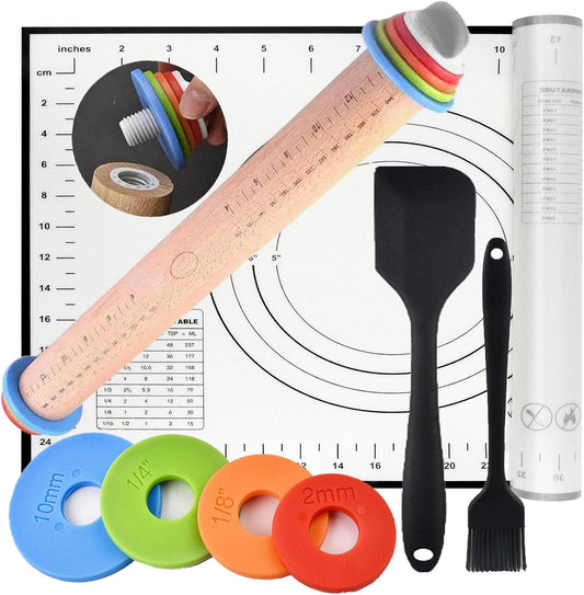 Adjustable Rolling Pin 4 Set and Silicone Baking Pastry Mat Setpastry,Siliconebrush and spatul,AdjustableThickness