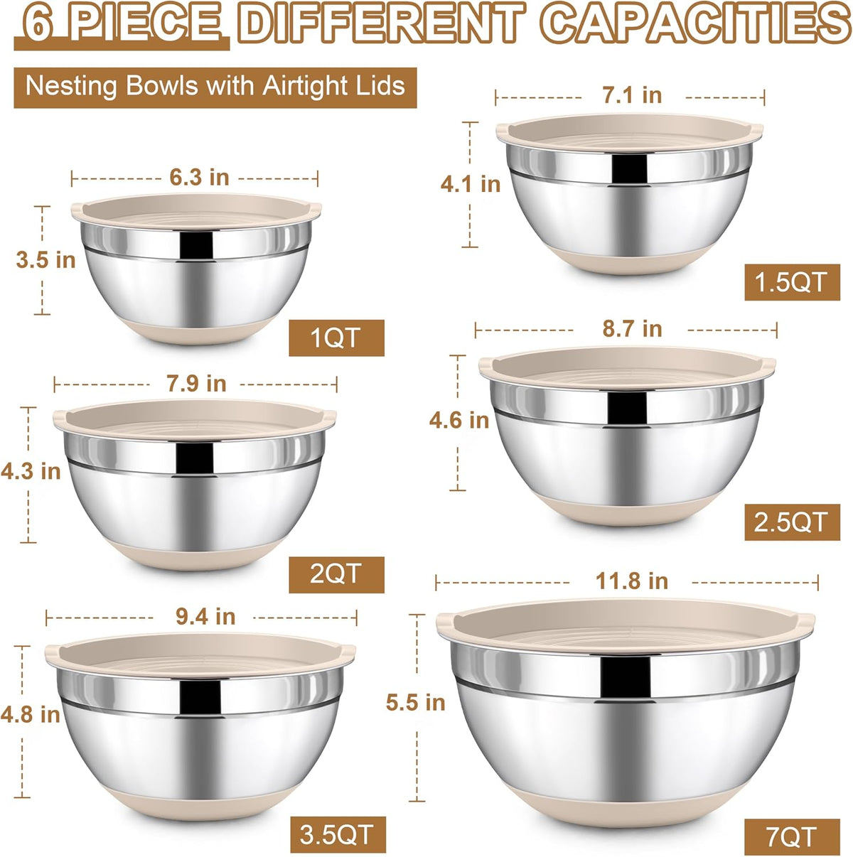 LIANYU 6 Piece Mixing Bowls Set with Airtight Lids, Metal Nesting Bowl