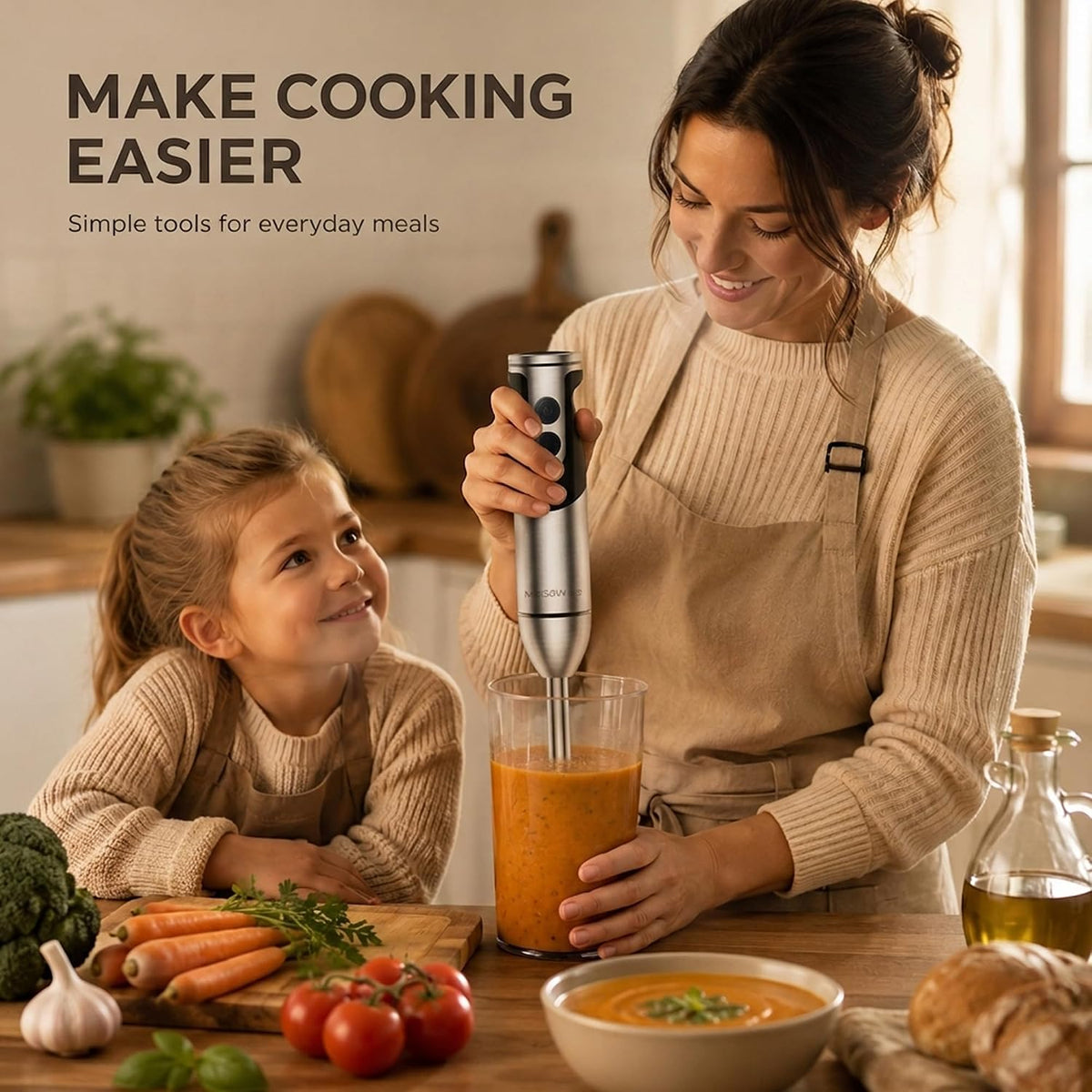 MegaWise 3‑in‑1 Immersion Hand Blender, 12‑Speed Titanium Stainless Steel Stick Blender with Whisk &amp; Milk Frother