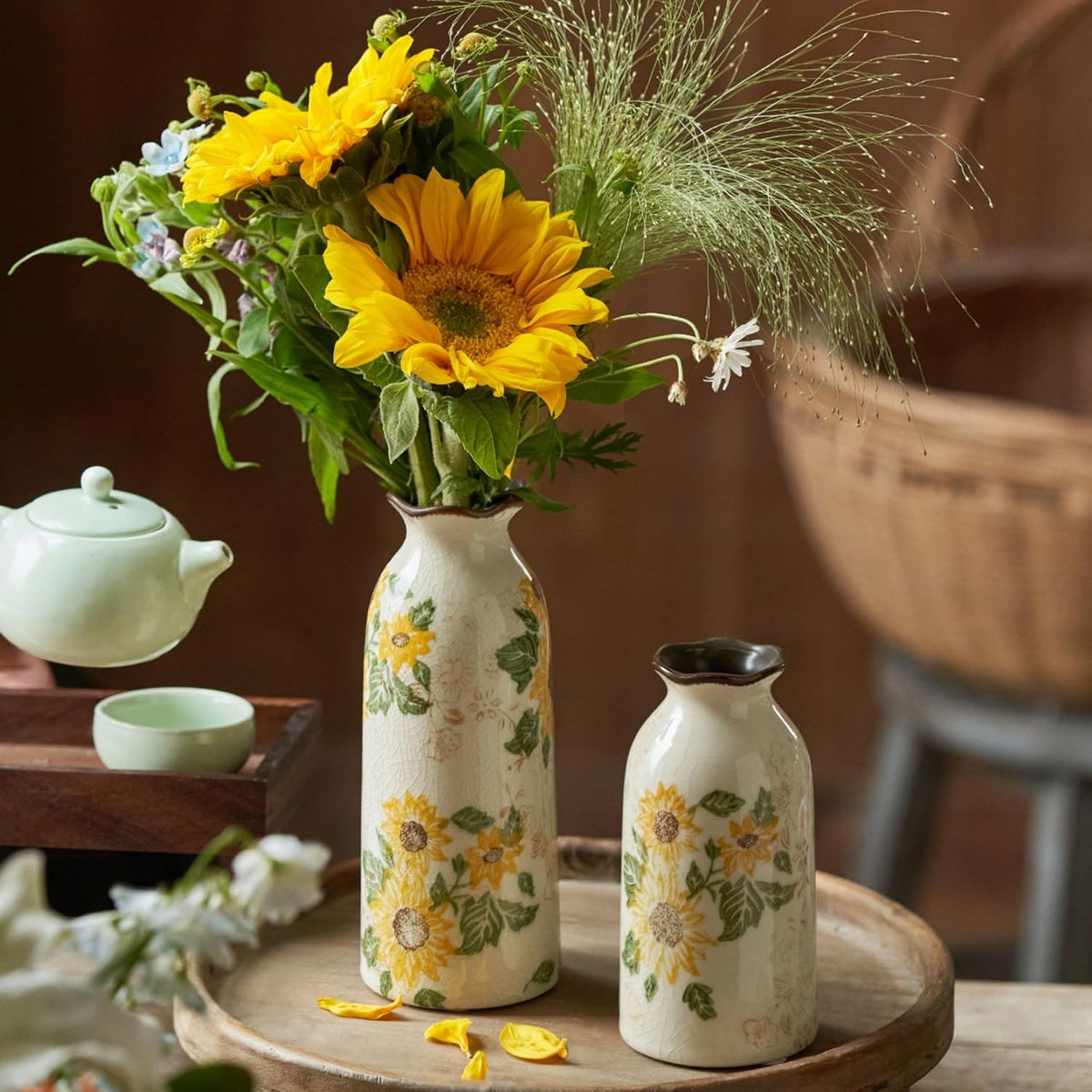 Levvohd Autumn Vintage Ceramic Vase Set of 3 for Decor Home | Rustic Farmhouse Vase Your Kitchen Bedroom Living Room Bathroom Shelf Centerpiece Table Decorations (H 9.5" + H7.7" + H5.9")