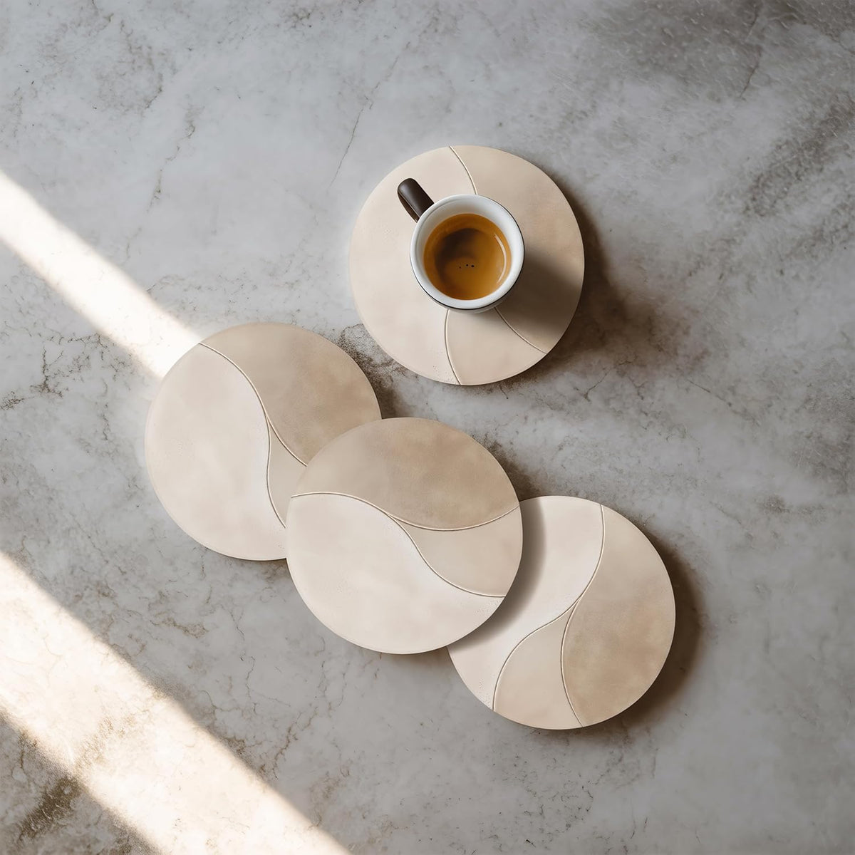 VEYRO Coasters Set of 4 for Drinks – Absorbent Ceramic Stone Drink Coasters with Cork Backing for Coffee Table & Desk, Modern Marble Look Cup Coaster Set, Housewarming Gift for New Home