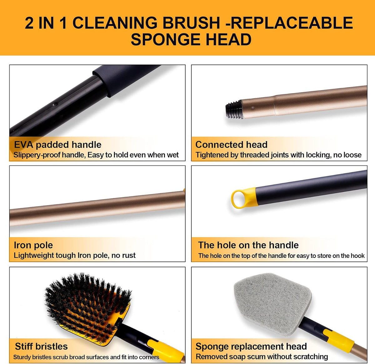 Yocada Tub Tile Scrubber Brush 2 in 1 Cleaning Brush 4*Scouring Pads 58.2"