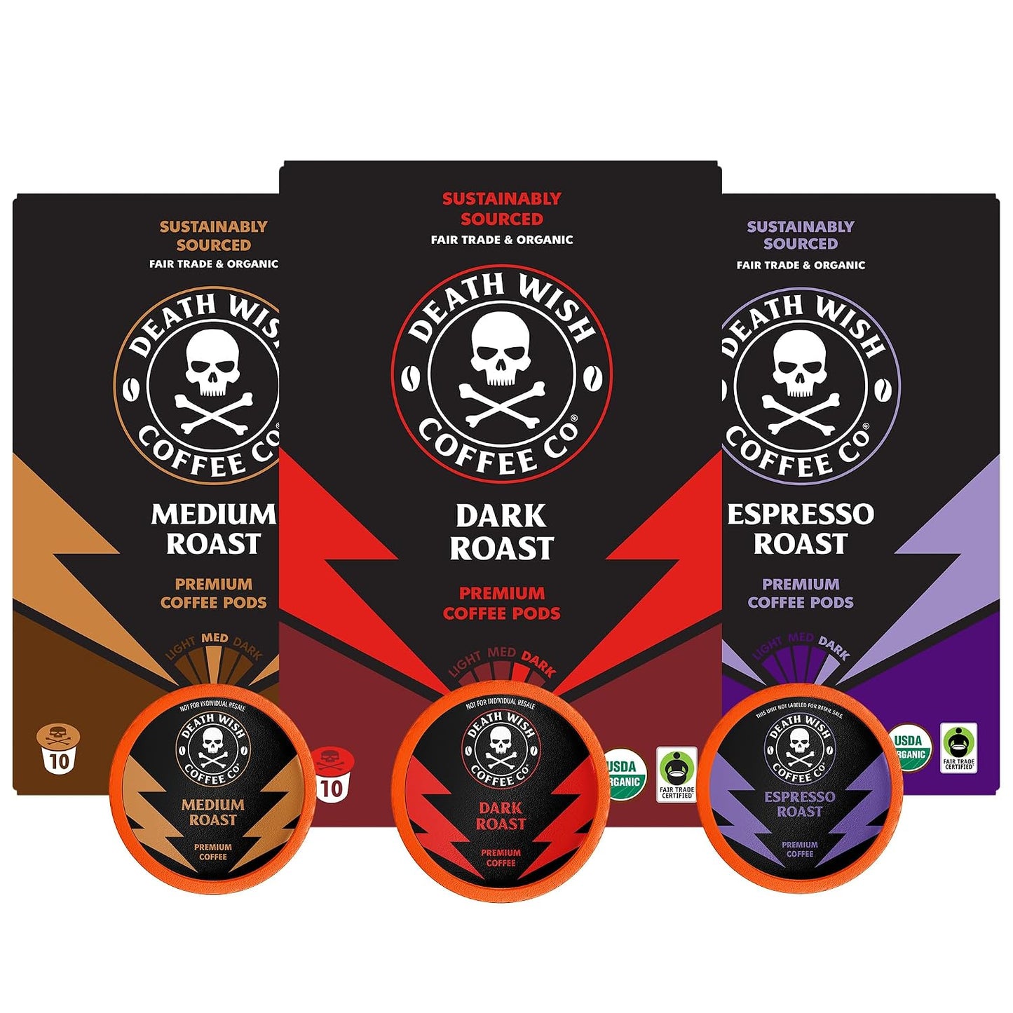 Death Wish Coffee Mixed Roast Variety Pack Coffee Pods, Organic, 30 Count | Fair Trade Arabica &amp; Robusta, Medium Dark &amp; Espresso Roasts, Bold &amp; Balanced, Assorted