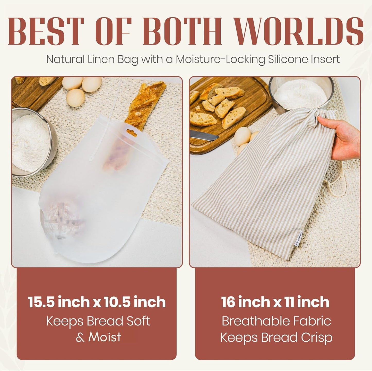 Bread Bags for Homemade Bread, Sourdough &amp; Gluten Free Bread with Multifunctional Reusable Silicone Inserts. Silicone Kneading Dough Bag, Pizza Dough, Tortilla &amp; Pasta Storage Bags - (16x11inch)