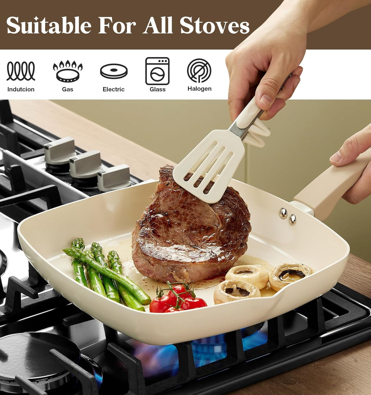 KOCH SYSTEME CS Nonstick Grill Pan for Indoor Cooking, 9.5 Inch Ceramic Square Frying Pan with Lid, Versatile Nonstick Griddle Pan for Stove Tops, Induction Compatible, Toxic-Free, Cream White