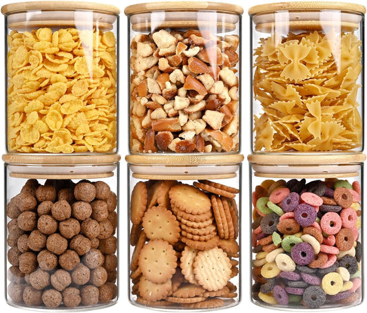 25oz Glass Food Storage Jars, Glass Jars with Bamboo Lids, Kitchen Storage Jars, Set of 6, Canisters with Airtight Lids for