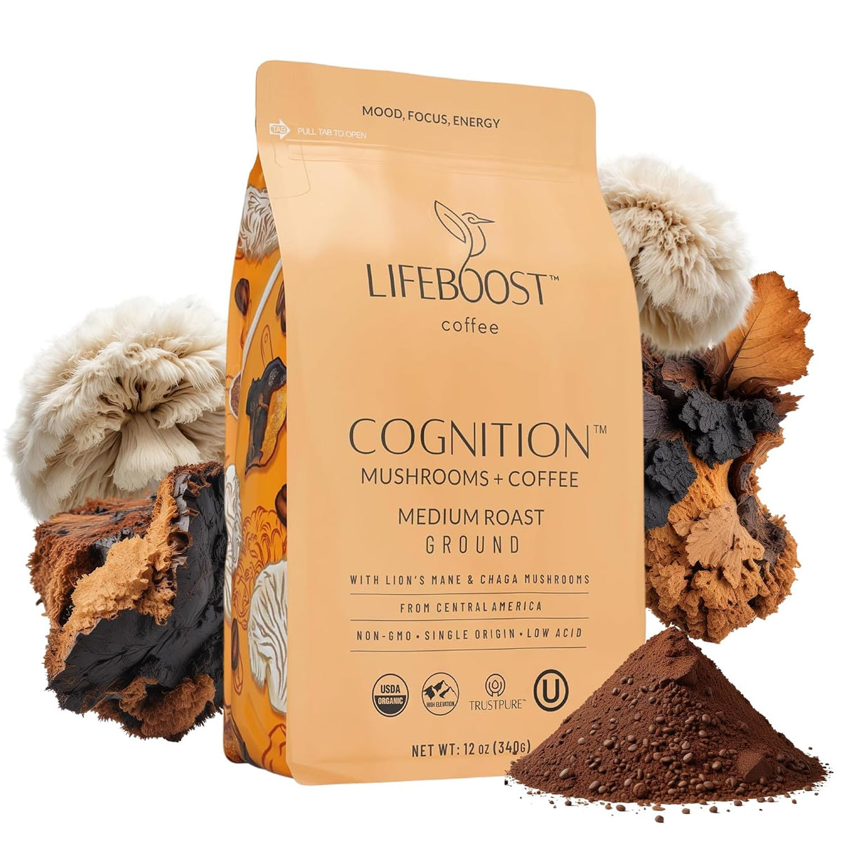 Lifeboost Cognition Focus Coffee for Calm Energy - Lion’s Mane Mushroom Coffee with Chaga - Organic Medium Roast Nootropic Coffee - Low Acid Adaptogenic Coffee - 12 oz Ground