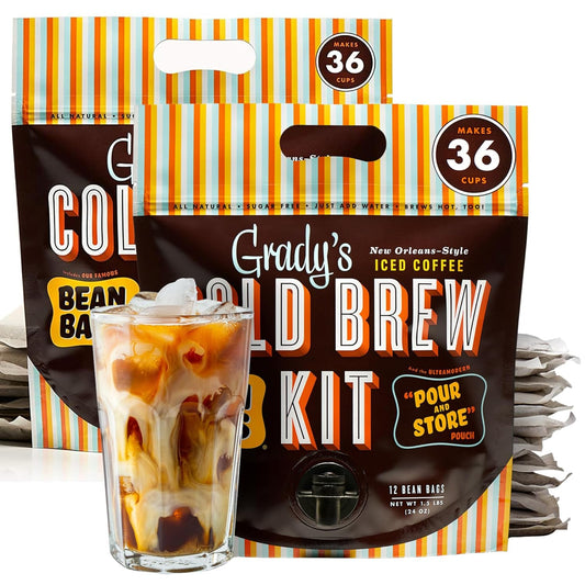 GRADY’S COLD BREW, New Orleans Style, 100% Arabica Ground Coffee & Chicory Pouches, 2 All-in-One Cold Brew Kits, each with