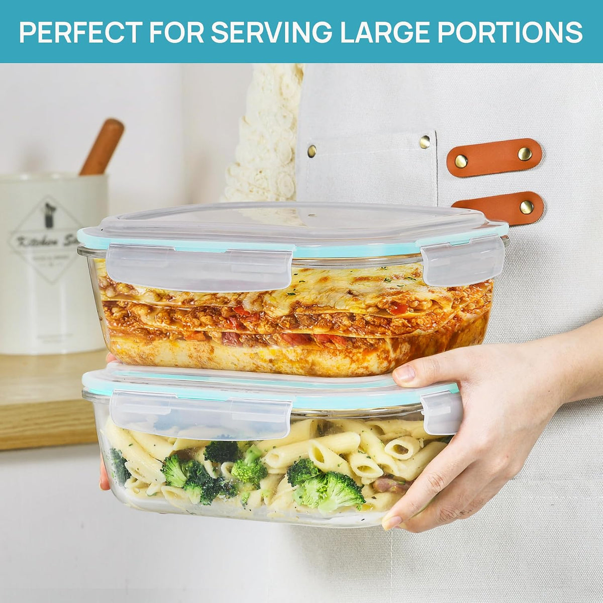 Vtopmart 2Pack 2260ml/ 76.4oz Large Glass Storage Containers with Lids, Meal Prep Food Container Set with Snap Airtight Lid for Baking, Microwave, Oven, Leak Proof, for Freezer, Dishwasher, Green