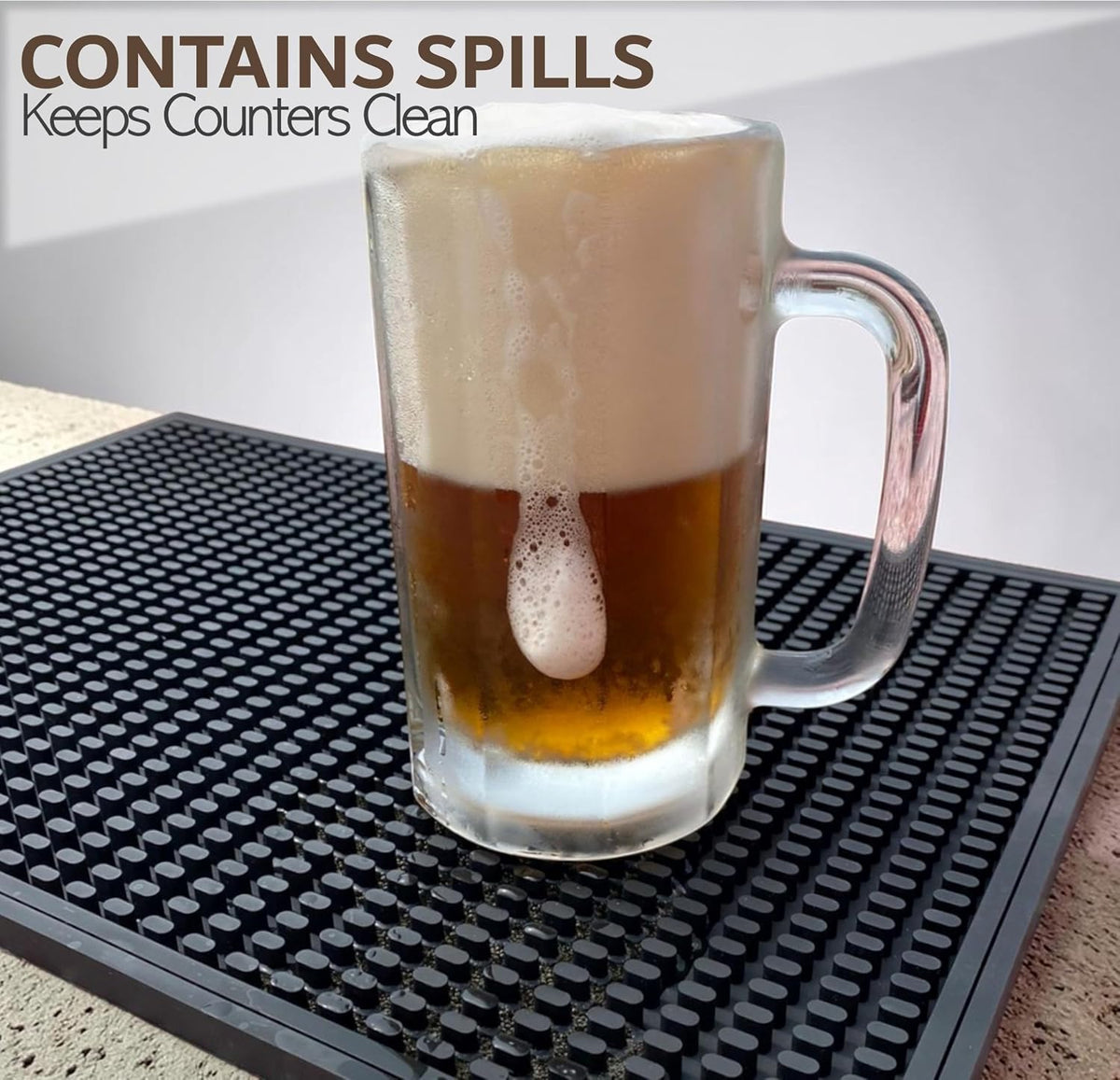 Rubber Bar Mat – Non-Slip Spill &amp; Drip Mat for Bartending, Coffee Bar &amp; Kitchen Countertop, Thick Durable Counter Protector &amp; Stylish Drying Mat (Total Black, 18"x12")