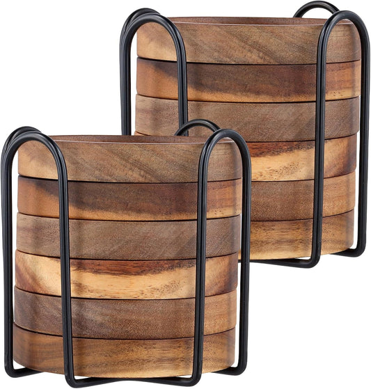 Set of 12 Acacia Wood Cork Coasters with Holder - 4.13 Inch Absorbent Insulated Drink Pads, Stackable for Coffee Table &