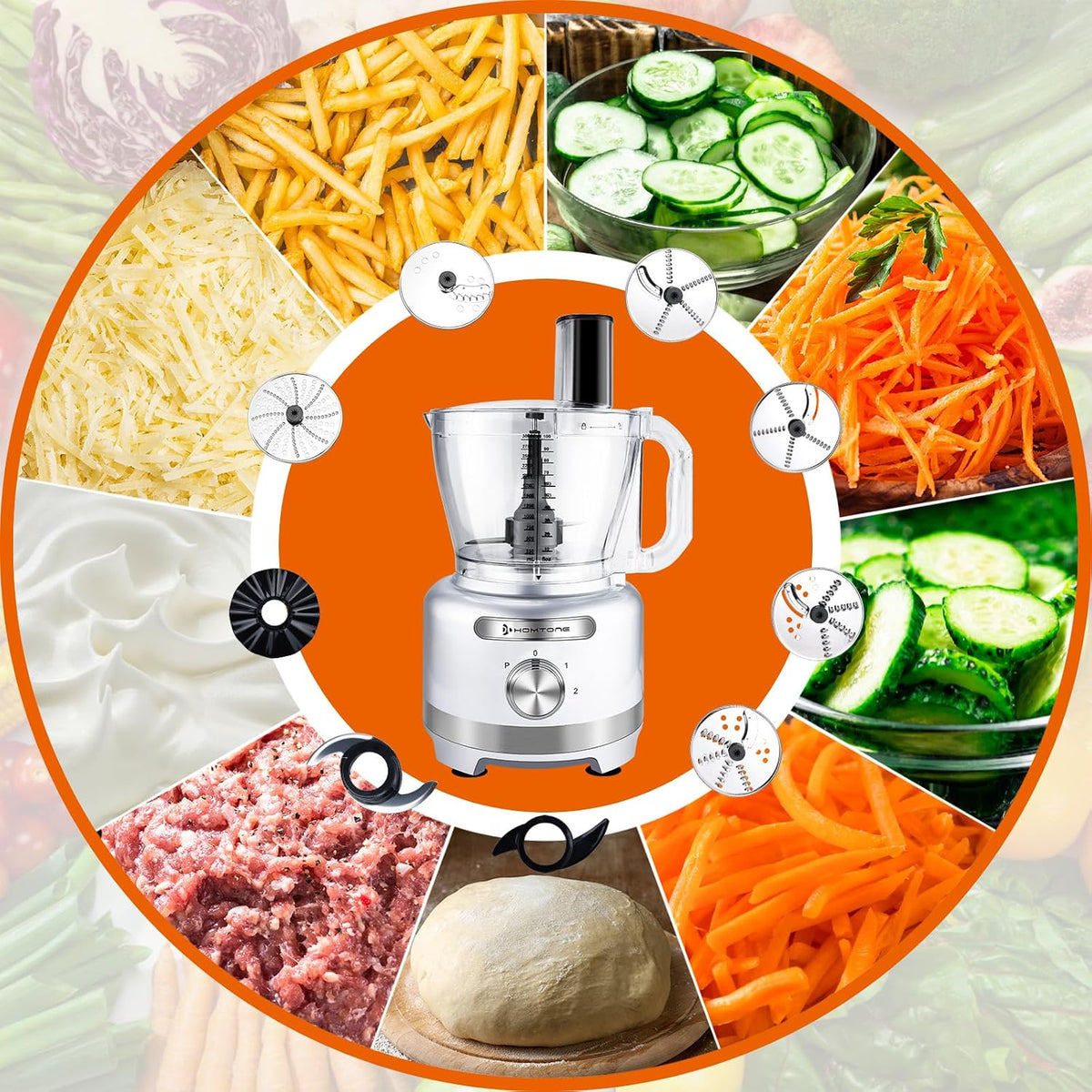 Homtone 16 Cup Food Processor, 6 Preset Modes& Stepless Speed Control for Dough Kneading, Meat Chopping, Slicing, Shredding, French Fries Potato Cuting, Cheese Grating& Whipping Cream, 650W, Red
