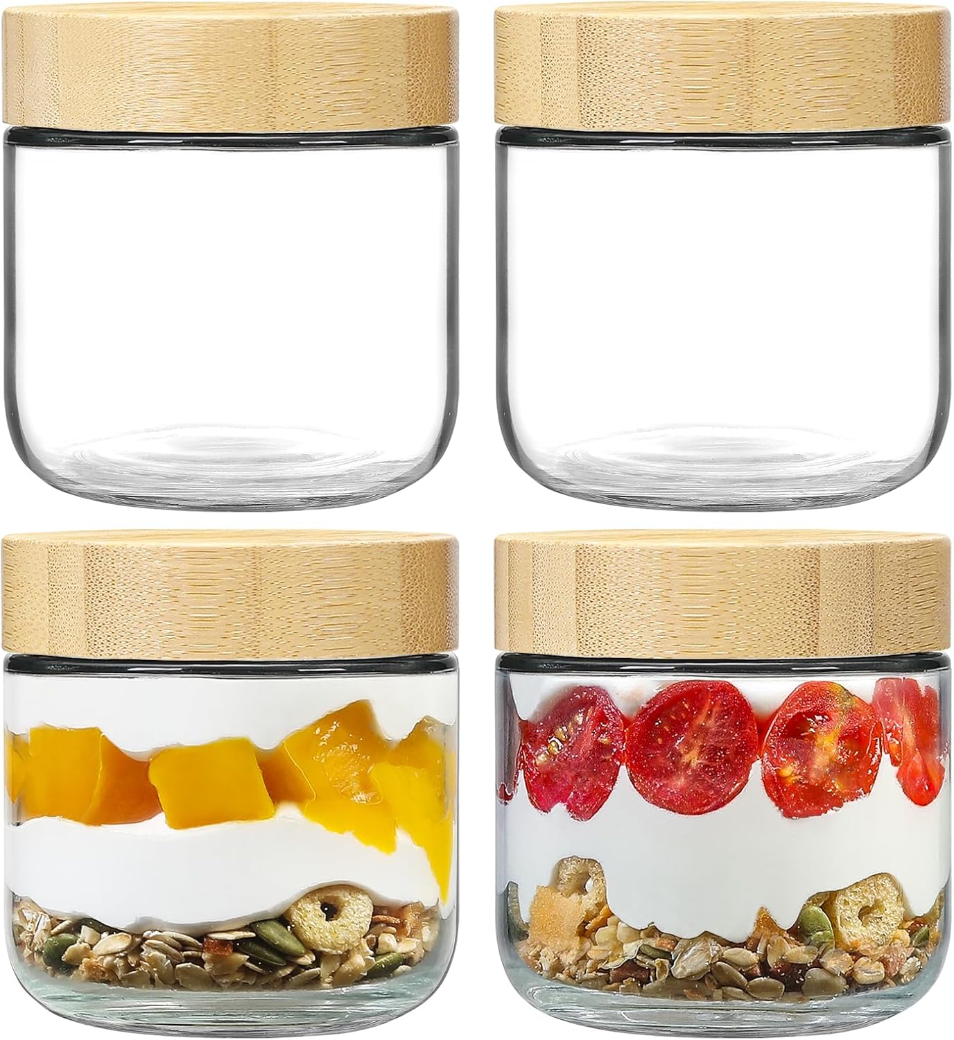 NETANY 4-pack 10oz Glass jars with Airtight Lids, Overnight Oats Containers with Bamboo Lids, Wide m