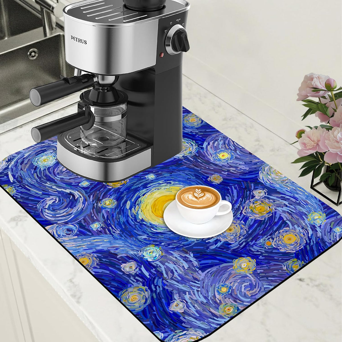Starry Night Coffee Mat Absorbent Dish Drying Mat for Kitchen Counter Hide Stain Rubber Backed Coffee Bar Accessories Fit Under Espresso Machine Dish Rack, 15.7 x 23.6 Inch