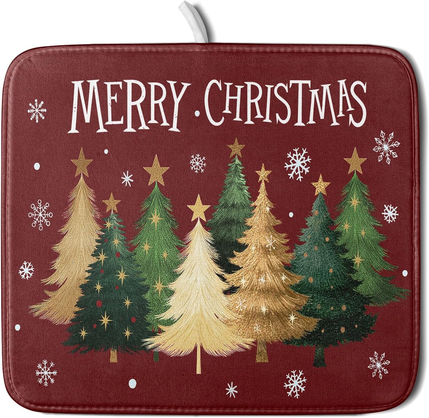 Xmas Tree Red Dish Drying Mat for Kitchen Counter,Winter Snowflake Drying Mat 16 x 18 Inch with High Absorbent Microfiber Drainer Mat for Coffee Bar