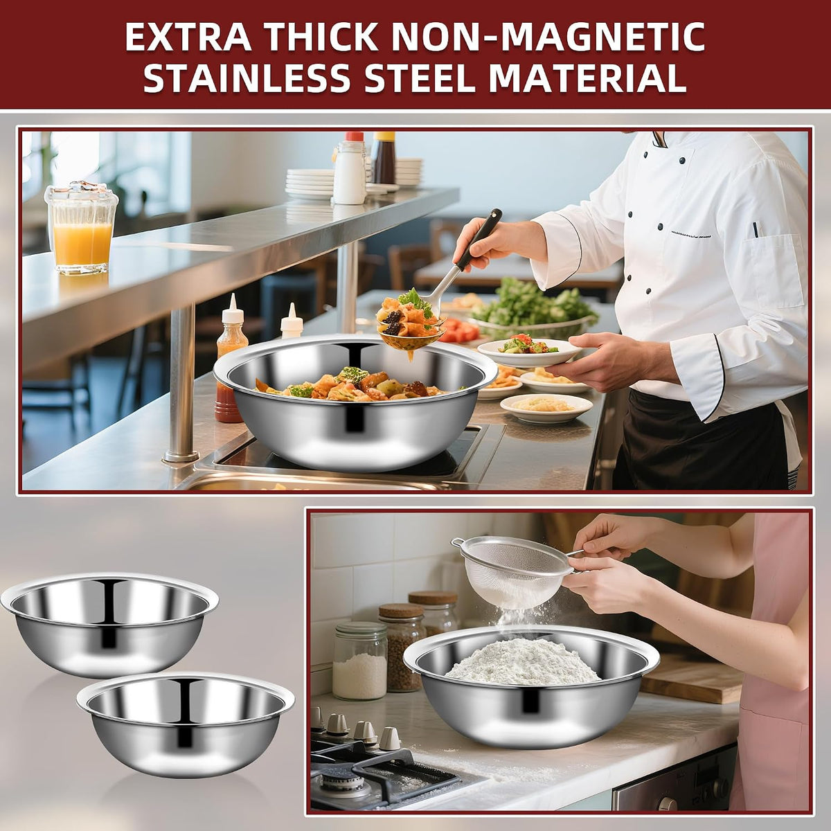 6 Pcs Stainless Steel Mixing Bowls Metal Mixing Bowls Extra Large Basin Salad Bowl with Deeper Edge, Dishwasher Safe, Mirror Finish for Home and Commercial, Silver (13 Inch 7 Qt)