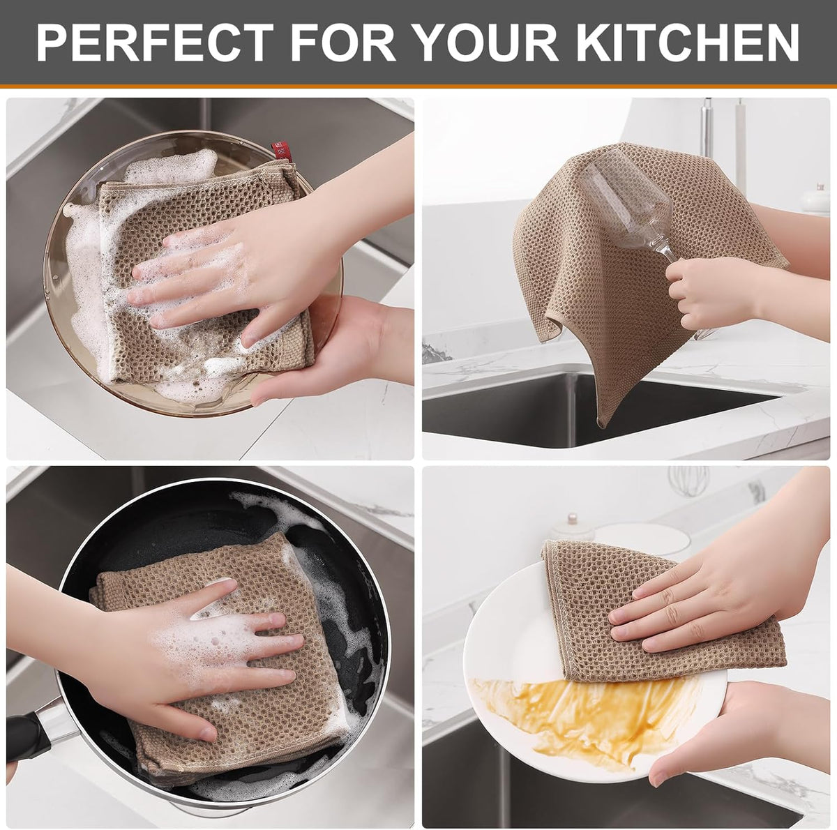 Kitinjoy 100% Cotton Kitchen Dish Cloths, 8 Pack Waffle Weave Ultra Soft Absorbent Towels for Drying Dishes, Quick Drying Kitchen Rags, 12 X 12 Inches, Tan