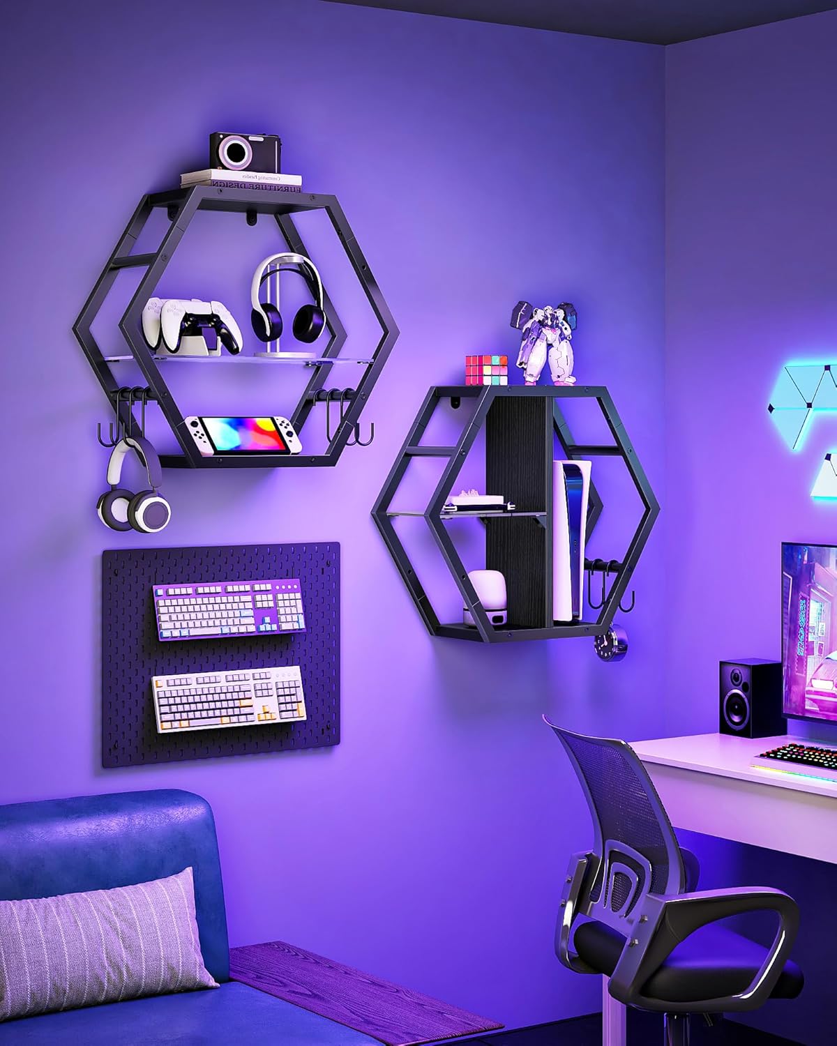CHOEZON 18.9 inch Gaming Floating Shelves, Hexagon Shelves, Set of 2