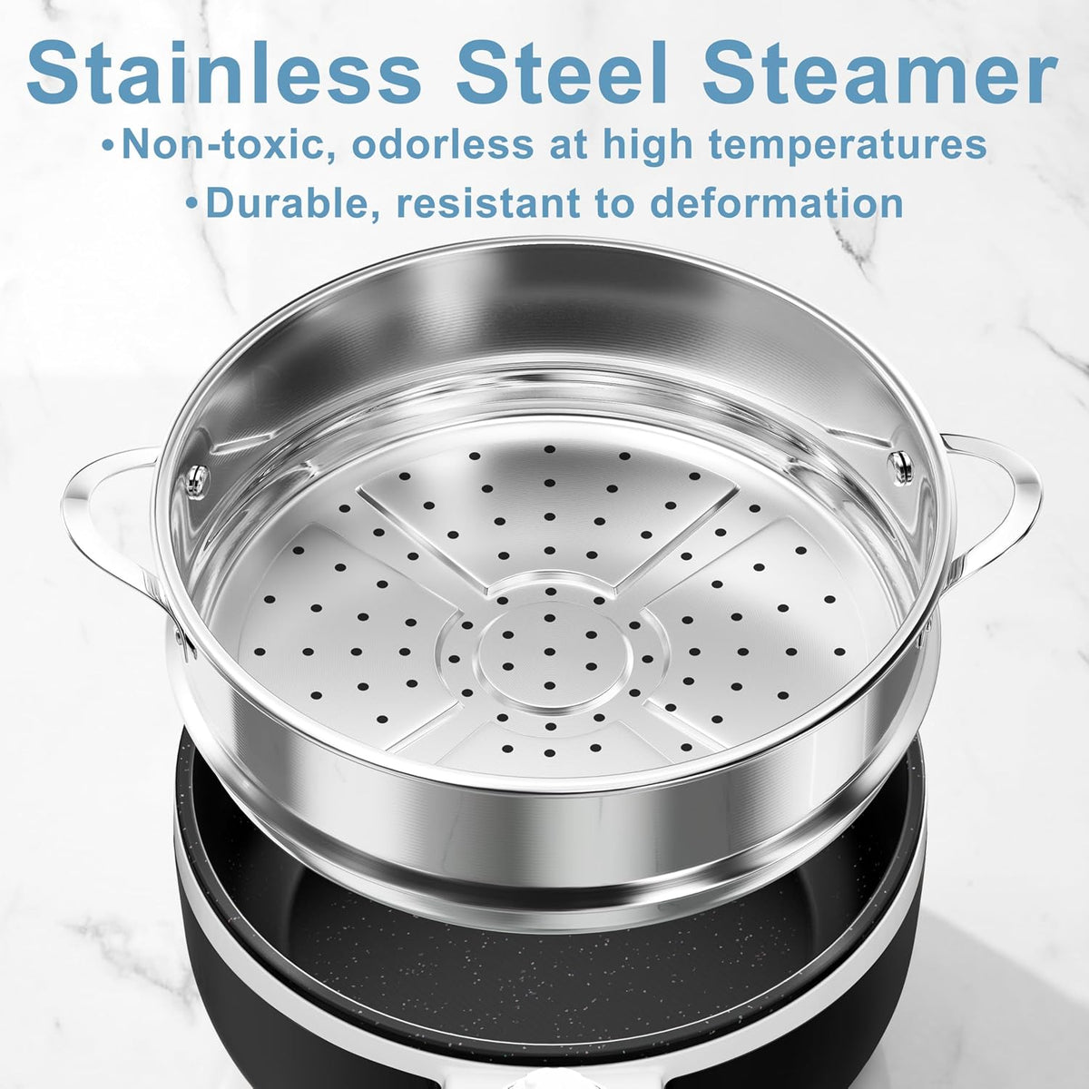 Dezin Hot Pot Electric with Steamer Upgraded, Non-Stick Sauté Pan, Rapid Noodles Electric Pot, 1.5L Mini Pot for Steak, Egg, Fried Rice, Ramen, Oatmeal, Soup with Power Adjustment