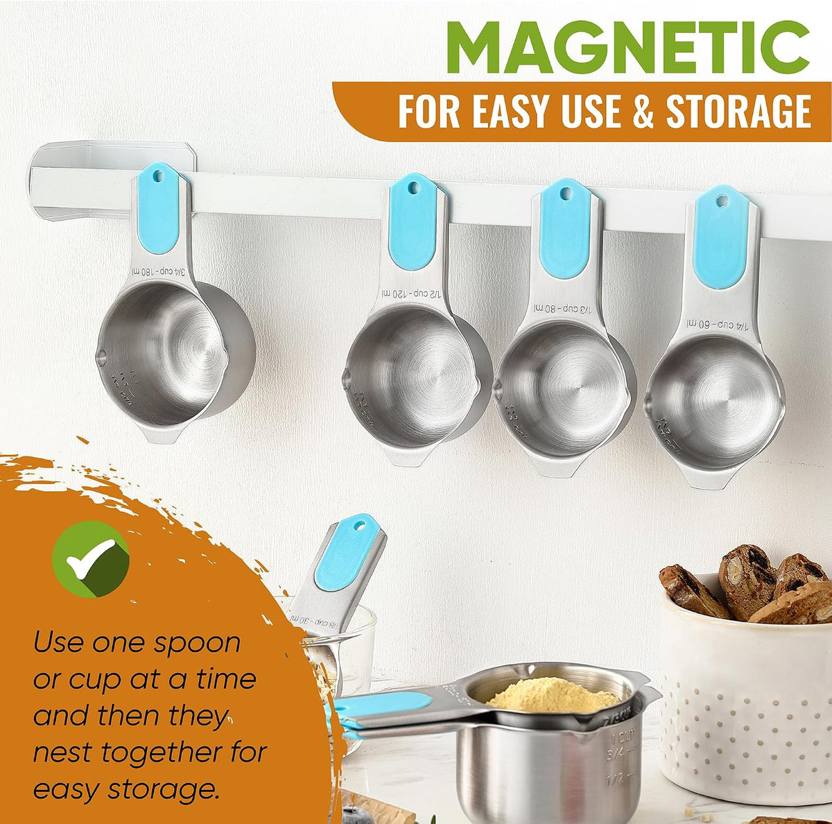 Spring Chef 15 Magnetic Measuring Cups &amp; Spoons Set w/Levelers, Aqua Sky
