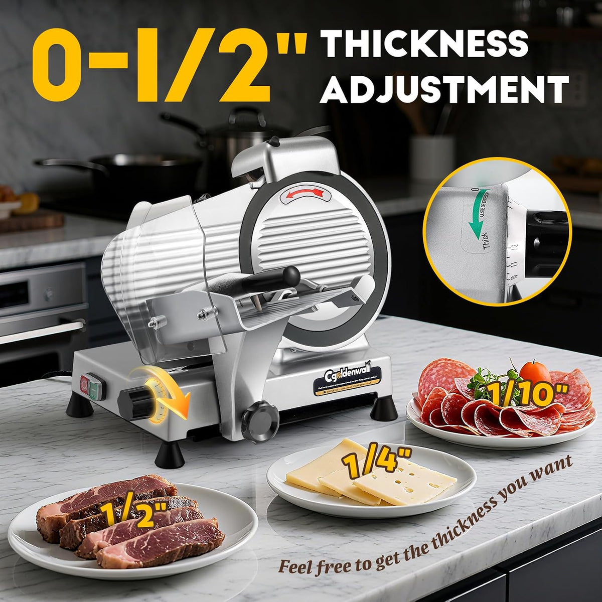 CGOLDENWALL Meat Slicer Machine with Teflon Non-stick Blade 240W Electric Meat Slicer for Frozen Meat/Deli Meat/Cheese/Food Slicer, Low Noises Commercial and Home Use