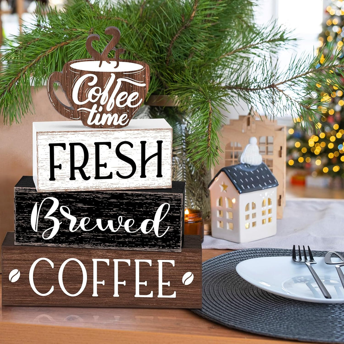 Cinnvoice 4 Pcs Coffee Bar Sign Accessories Wood Coffee Station Decorations | Coffee Time Fresh Brewed, Rustic Bar Sign Gift, Farmhouse Tiered Tray Table Centerpiece, for Counter Kitchen Shelf Tabletop