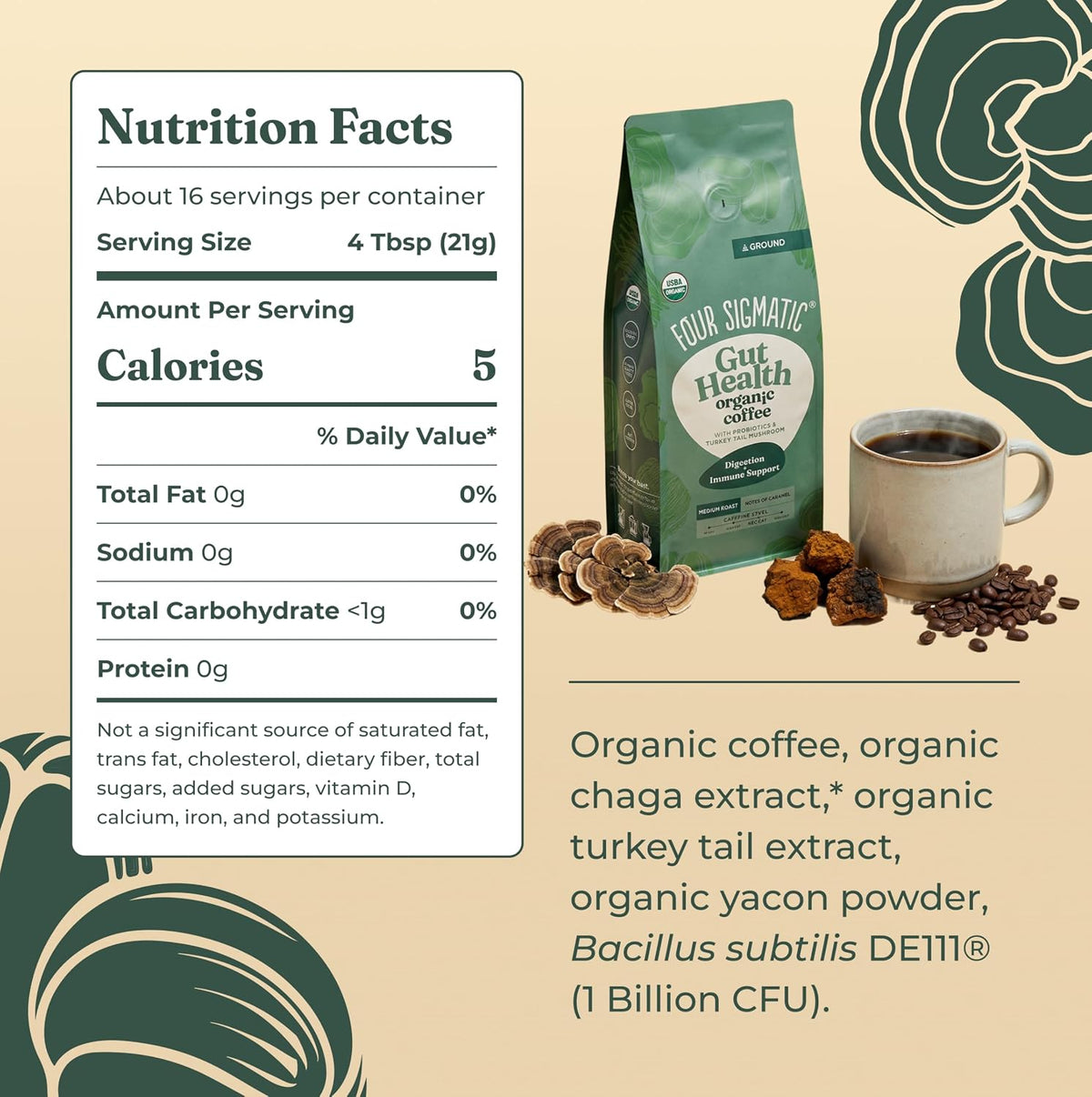 Four Sigmatic Gut Health Organic Ground Coffee | Medium Roast, Immune Boosting Probiotic Mushroom Coffee with Chaga &amp; Turkey Tail for Gut Health &amp; Immune Support | 12oz Bag