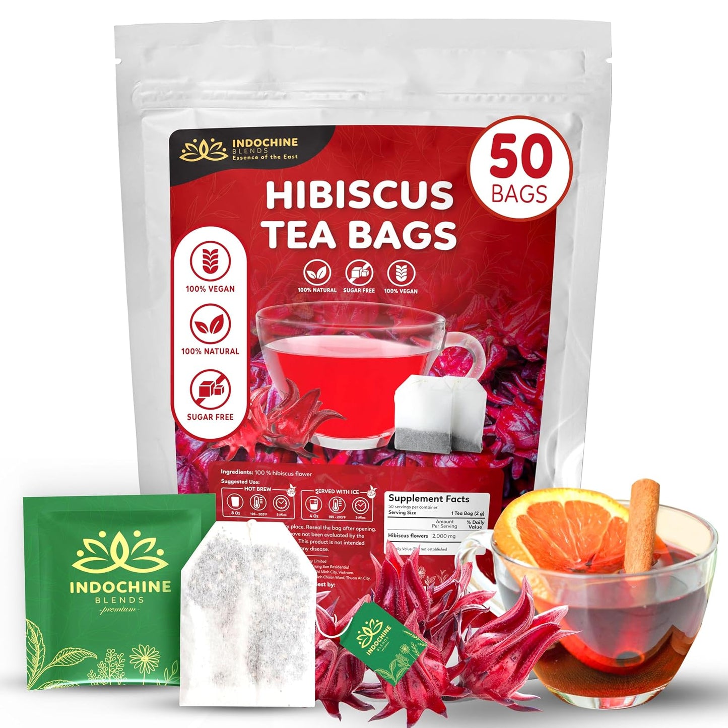 Indochine Blends Hibiscus Tea Bags, 100% Pure Hibiscus Flower, 50 Count | Jamaica Tea, Tart Fruity Flavor, Sugar-Free, Gluten-Free &amp; Vegan, Individually Wrapped, Double Chamber Teabags