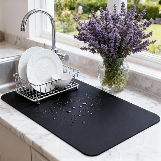 Dish Drying Mat Super Absorbent – 24" x 16" Coffee Mat for Countertops – Non-Slip Drying Mat for Kitchen Counter – Easy to Clean Water Absorbent Mat – Large Dish Drying Mats (Black)
