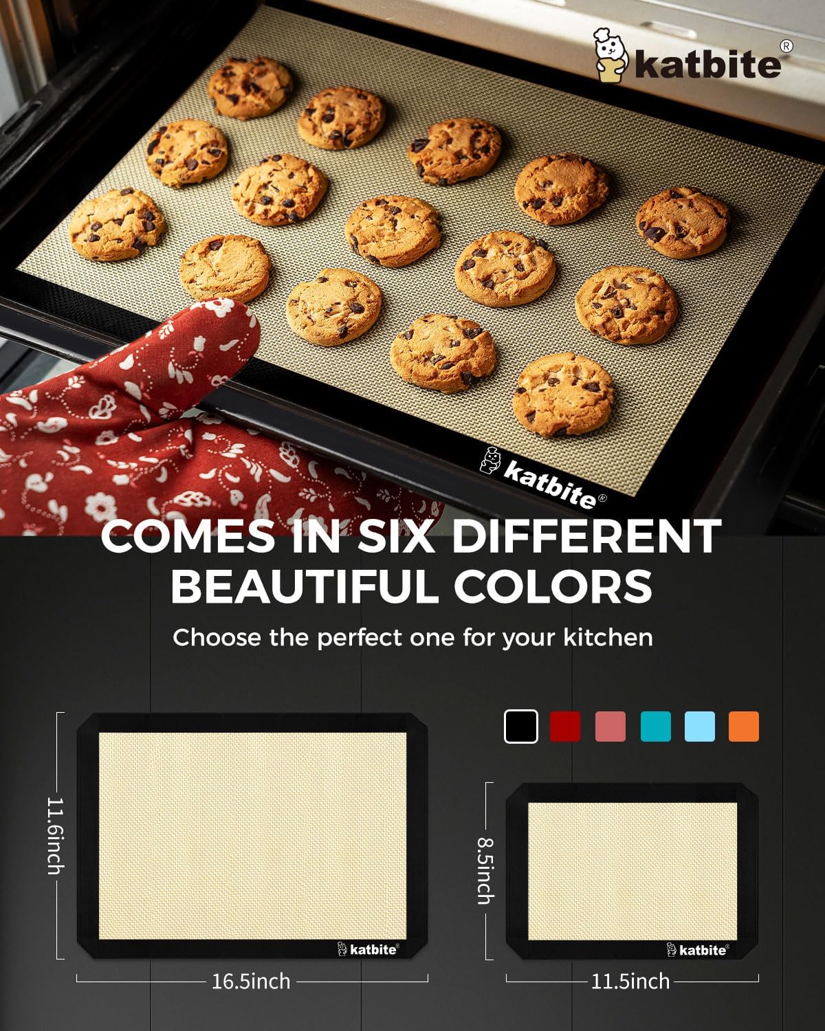 Katbite Silicone Baking Mat Set of 3 Black | 2 Half Sheets Mats + 1 Quarter Baking Sheet, Reusable &amp; Nonstick Bakeware Mats for Cookies, Macarons, Bread