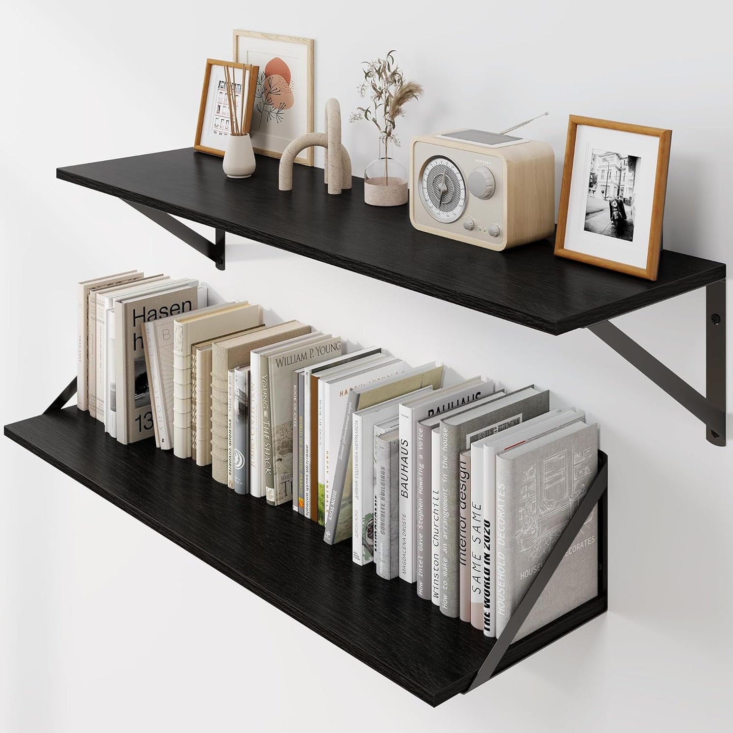 Heimlove Black Deep Floating Shelves for Wall, 30W x 8D Wood Wall Shelves Set of 2, Wide Floating Bo