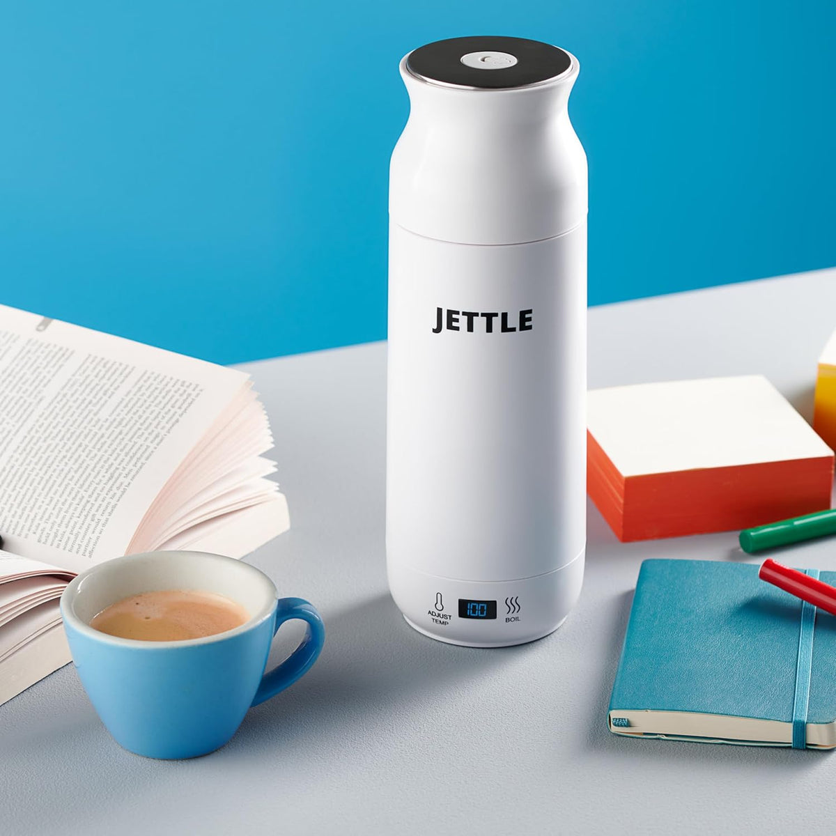 Jettle Portable Electric Kettle, 450ml Travel Water Boiler with LED, White | 304 stainless steel interior, 12 temperature settings, auto shut-off, dry-boil protection, ideal for coffee, tea and travel